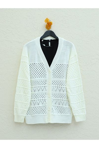 HİJABAYA Openwork Cardigan with Patterned Sleeves and Buttons