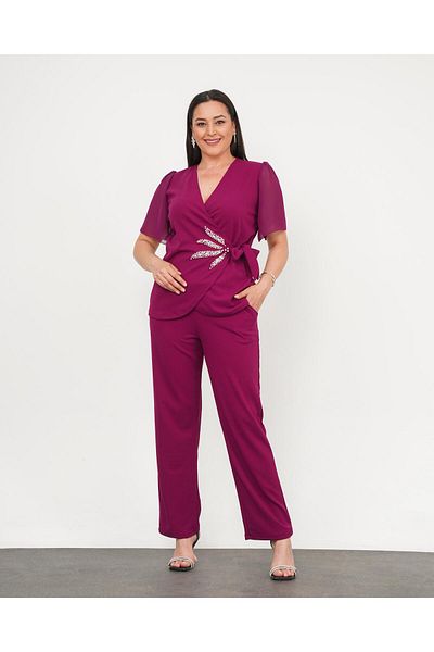 Butik Nilyam طقم بنطلون بلوزة نسائية مقاس كبير مزدوج الصدر وياقة على شكل ورقة شجر لؤلؤية وأكمام شيفون 24727