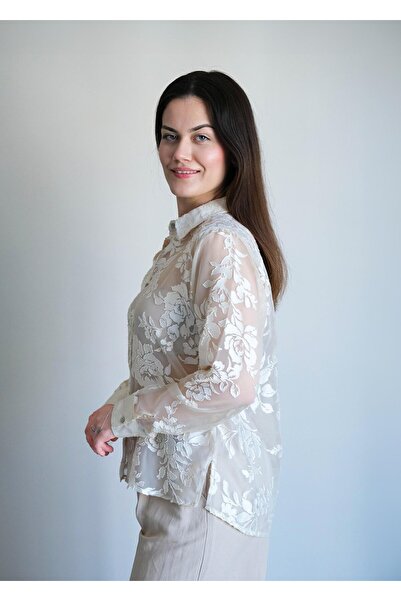 snc Çiçekli Transparan Uzun Kol Gömlek Bej