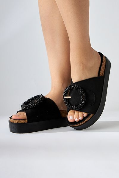 Limoya Kamila Black Suede Bead Detailed Women's Comfort Slippers