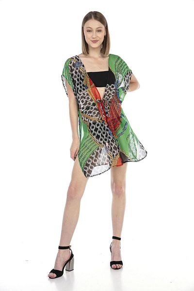 MARBERRY Women's Pareo Beach Dress with Green-Orange Chain Print