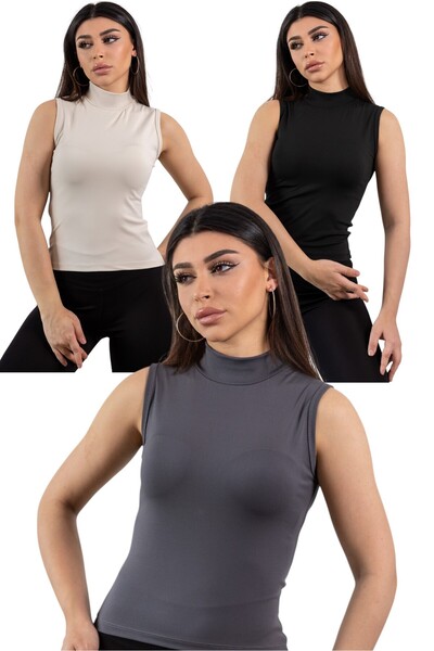 KHAB PREMİUM Half Turtleneck Sleeveless 3 Piece Lycra Body