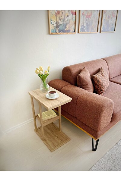 Pratic Home Meşe Yan Sehpa C Sehpa Tekli Zigon Sehpa Laptop Sehpa Traverten-m...