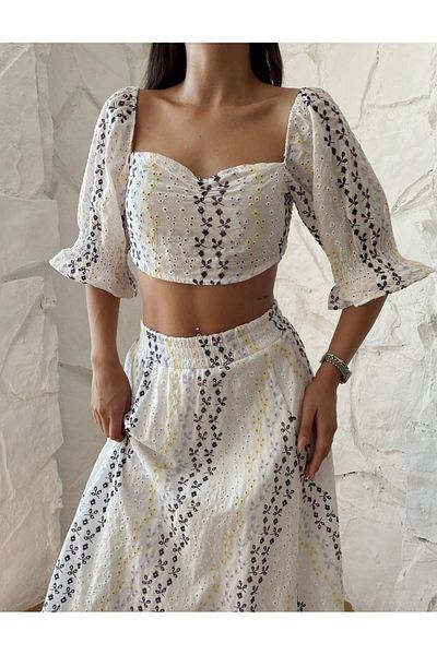 REFİŞ BUTİK VE AKSESUAR Balloon Sleeve Crop Top Skirt Set
