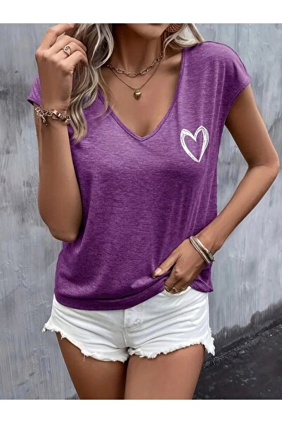 Cbm Women's Short Sleeve V Neck Heart Printed Viscose Blouse