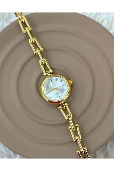 Choppers Women's Wristwatch Gold Color Chain Cord Quartz Stone Detailed Stylish Model