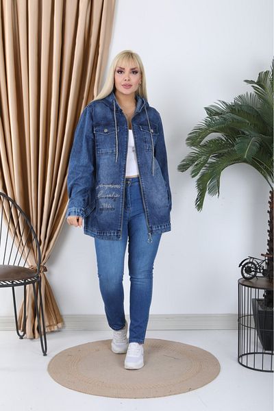 KEJAN TEKSTİL Jachetă oversize din denim cu glugă cu detalii în piatră