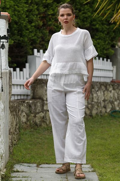 Chiccy White Round Neck Short Sleeve Pocket Mesh Detailed Linen Look Woven Bottom Top Set 56-100 65-63