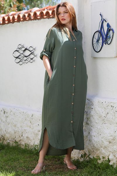 Chiccy Dark Green Shirt Collar Buttoned Long Sleeve Hidden Pocket Muslin Long Oversize Woven Dress 135 68