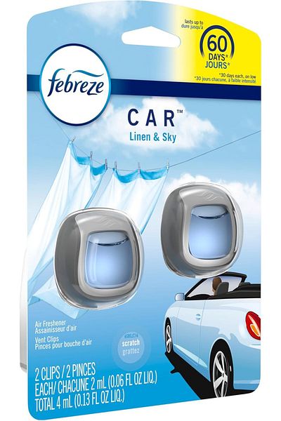 Febreze Car Air Freshener Vent Clip Linen & Sky Scent, .06 oz. Car Vent Clip, 2 Count