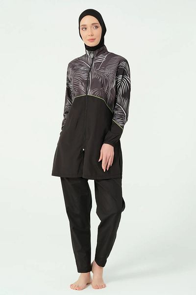 Bordomix 25267 Women's Black Bias Detailed Leaf Patterned Hijab Swimsuit
