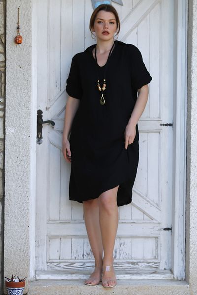Chiccy Black Shirt Collar Buttoned 3/4 Sleeve Pocket Casual Muslin Woven Dress 105 65
