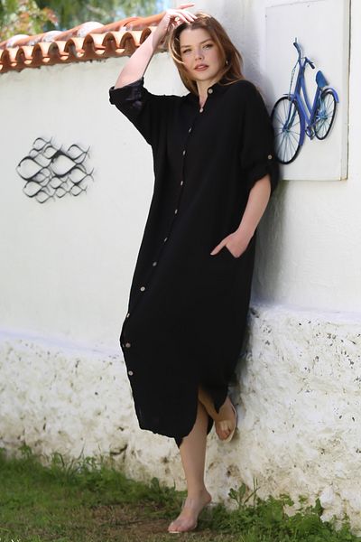 Chiccy Black Shirt Collar Buttoned Long Sleeve Hidden Pocket Muslin Long Oversize Woven Dress 135 68