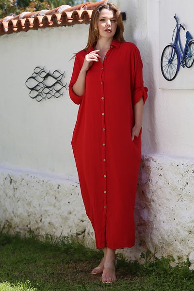 Chiccy Red Shirt Collar Buttoned Long Sleeve Hidden Pocket Casual Muslin Long Oversize Woven Dress 135 68