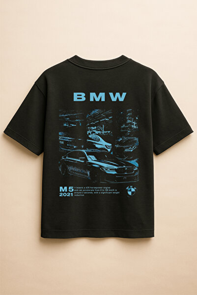 Altair Tr تي شيرت أسود اللون كبير الحجم مطبوع عليه سيارة BMW M5 للجنسين