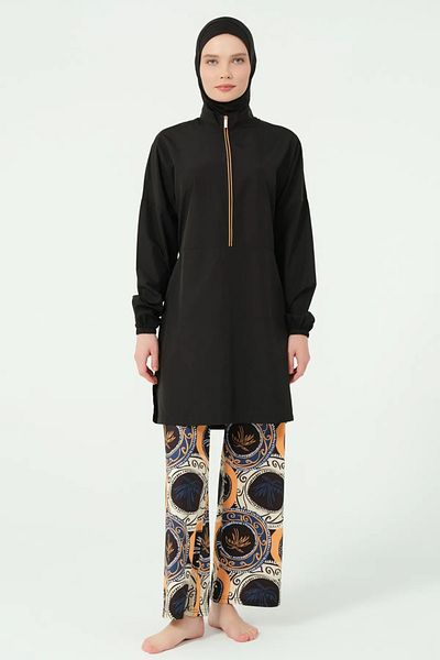 Bordomix 25311 Women's Black Trousers Patterned Hijab Swimsuit
