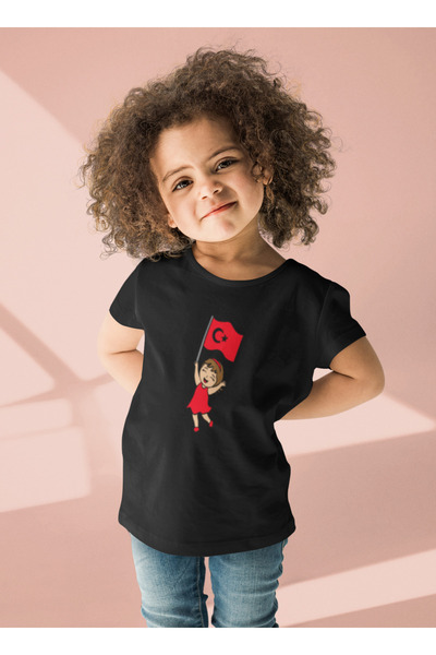 MG تي شيرت بناتي مطبوع عليه علم يلوح بياقة دائرية من القطن مقاس كبير وأكمام ق...