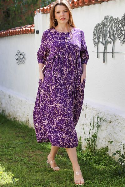Chiccy Purple Round Neck Short Sleeve Floral Button Double Pocket Allover Printed Woven Dress 120 55