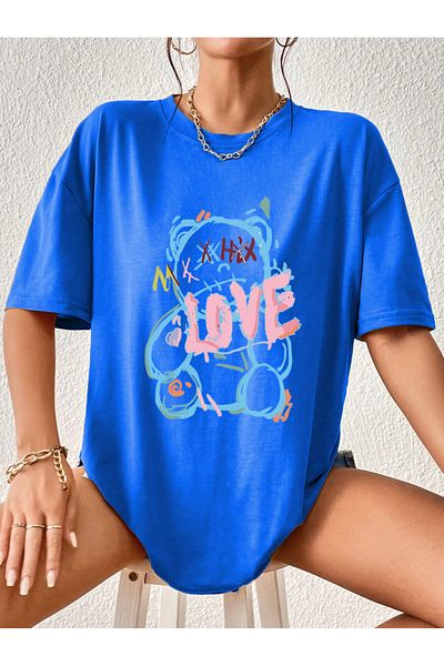 Modern Moda Love Bear Printed Oversize Cotton Tshirt,Trend Fashion T-Shirt