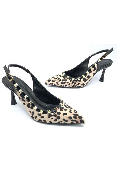 KCMN Feles Staple Strip Detailed Open Back Stiletto Women's Heeled Shoes Leopard