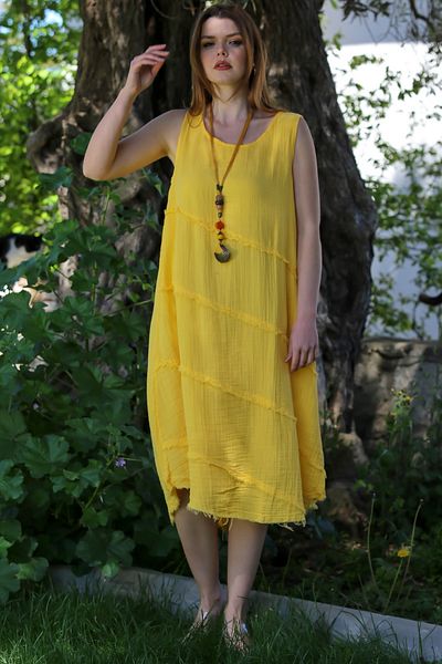 Chiccy Yellow Pool Neck Sleeveless Dirty Stitched Casual Muslin Woven Dress