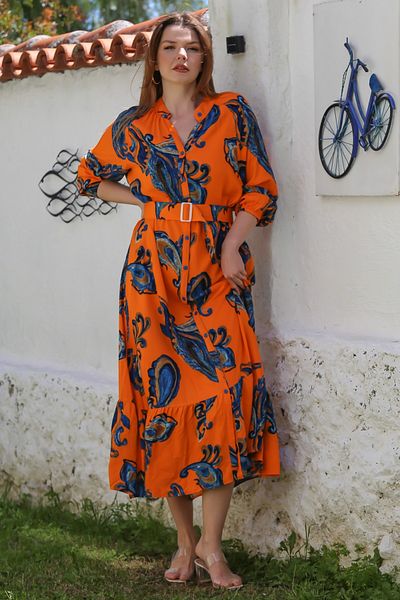 Chiccy Orange Judge Collar Balloon Sleeve Shawl Decorated Button Skirt with Ruffled Belt Casual Woven Dress 145 65