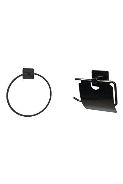 Zethome Yapışkanlı Siyah Banyo Seti 2 Parça Yuvarlak Havluluk Ve Kapaklı Kağı...