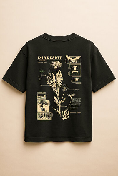 Altair Tr تي شيرت أسود اللون كبير الحجم مطبوع عليه نبات الهندباء للجنسين