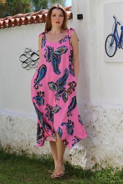 Chiccy Ροζ μοτίβο σάλι χωρίς γιακά με κρυφή τσέπη Casual υφαντό φόρεμα βισκόζης 125 58