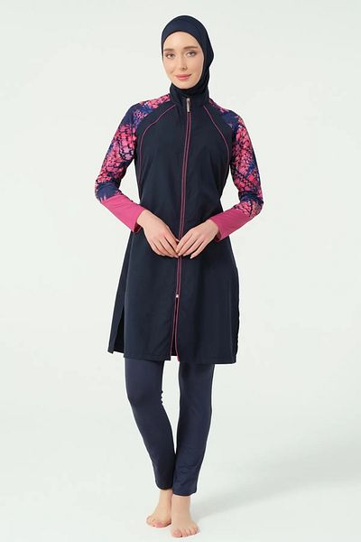 Bordomix 25417 Women's Navy Blue Sleeve Patterned Zipper Closure Hijab Swimsuit