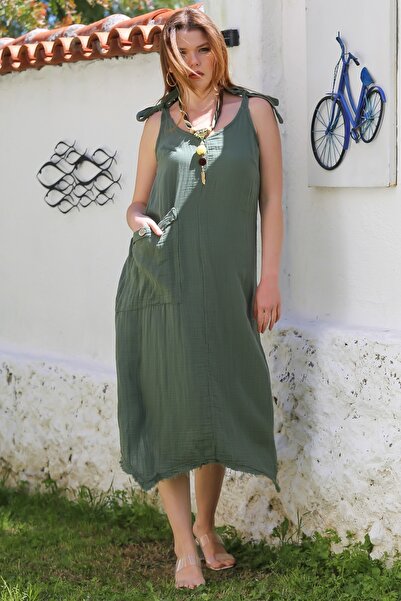 Chiccy Dark Green V-Neck Strap Tie Pocket Dirty Stitching Casual Muslin Asymmetric Woven Dress 115 55