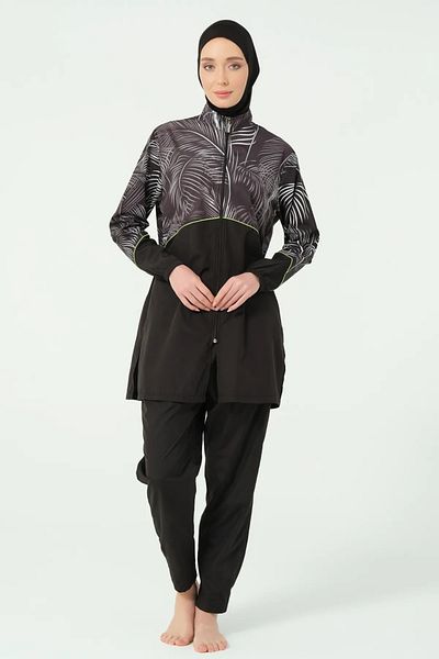 Bordomix 25267 Women's Black Bias Detailed Leaf Patterned Hijab Swimsuit