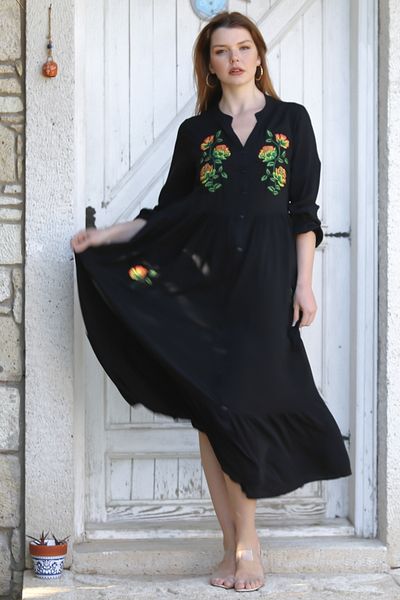 Chiccy Black Judge Collar Balloon Sleeve Button Pocket Skirt Ruffled Embroidery Casual Woven Dress 135 60