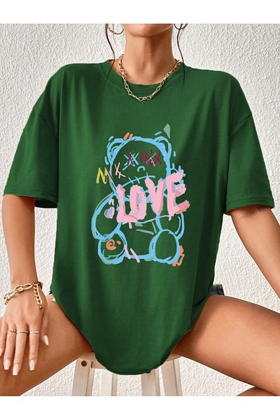 Modern Moda Love Bear Printed Oversize Cotton Tshirt,Trend Fashion T-Shirt