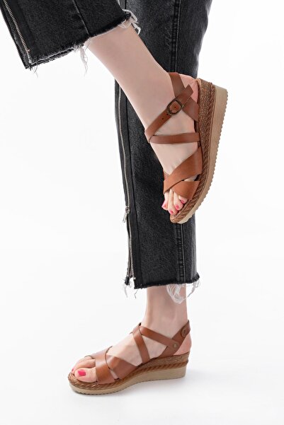 Budi Turega Style 731-045 Tan Cross Genuine Leather Wedge Heeled Casual Women...