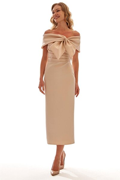 Elbisemhazır Straplez Fiyonklu Omuz Açık Kadın Midi Abiye Elbise