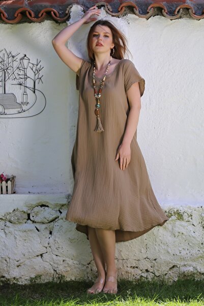 Chiccy Ανοιχτό καφέ με λαιμόκοψη V με χαμηλό μανίκι Casual υφαντό φόρεμα μουσελίνας φούστα 115 63