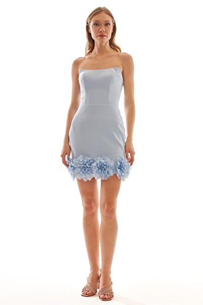 Elbisemhazır Straplez Çiçek Aplikeli Kadın Mini Abiye Elbise