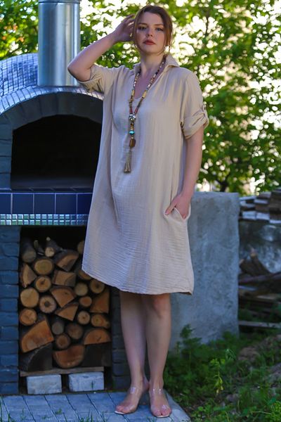 Chiccy Dark Beige Shirt Collar Buttoned 3/4 Sleeve Pocket Casual Muslin Woven Dress 105 65