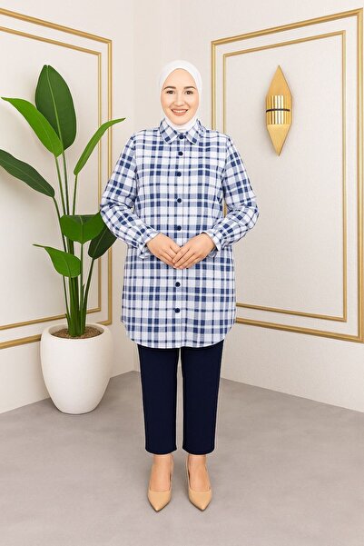 sd butique Yumuşak Dokulu Ekose Desenli Düğmeli Tunik - Rahat Kalıp, Günlük v...