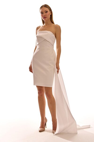 Elbisemhazır Straplez Asimetrik Kuyruk Detaylı Kadın Mini Abiye Elbise