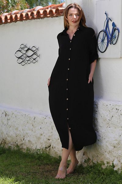 Chiccy Black Shirt Collar Buttoned Long Sleeve Hidden Pocket Muslin Long Oversize Woven Dress 135 68