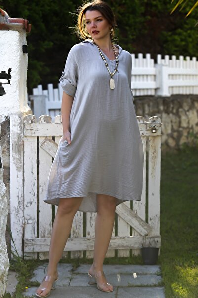 Chiccy Gray Shirt Collar Buttoned 3/4 Sleeve Pocket Casual Muslin Woven Dress 105 65