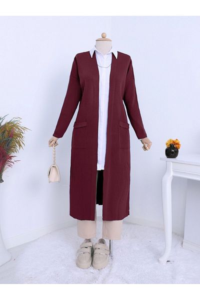 HİJABAYA Long Knitted Cardigan with Ribbed Pockets and Slits