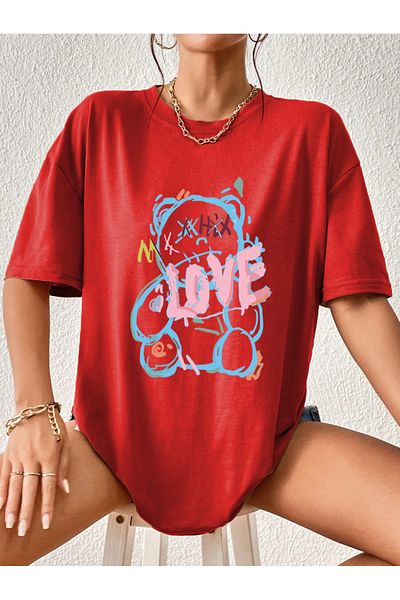 Modern Moda Love Bear Printed Oversize Cotton Tshirt,Trend Fashion T-Shirt
