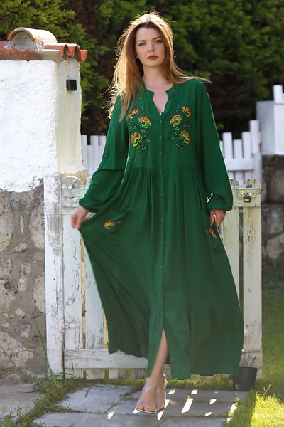 Chiccy Dark Green Judge Collar Balloon Sleeve Button Pocket Skirt Ruffled Embroidered Casual Woven Dress 135 60