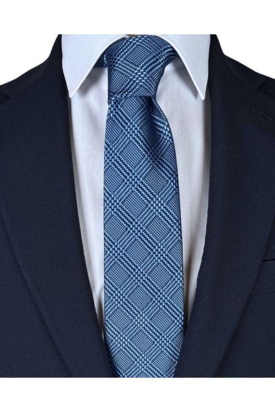 1001 Kravat Navy Blue Colored Plaid Patterned 7 cm Wide Thin Tie