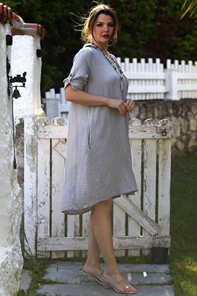 Chiccy Gray Shirt Collar Buttoned 3/4 Sleeve Pocket Casual Muslin Woven Dress 105 65