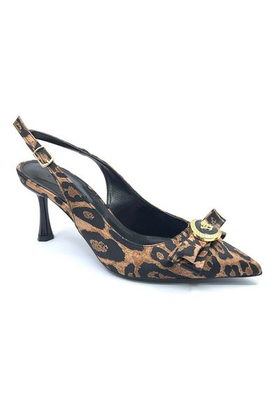 KCMN Feles Bow Yellow Buckle Detailed Open Back Stiletto Women's Heeled Shoes Leopard