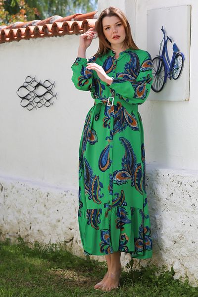 Chiccy Green Judge Collar Balloon Sleeve Shawl Decorated Button Skirt with Ruffle Belt Casual Woven Dress 145 65